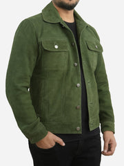 Nicholas Suede Green Trucker Leather Jacket