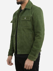 Nicholas Suede Green Trucker Leather Jacket