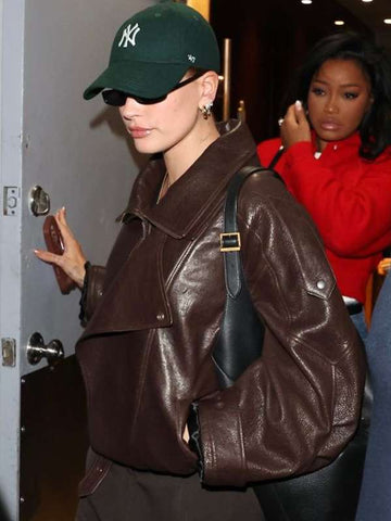 Hailey Bieber 2024 Brown Leather Jacket