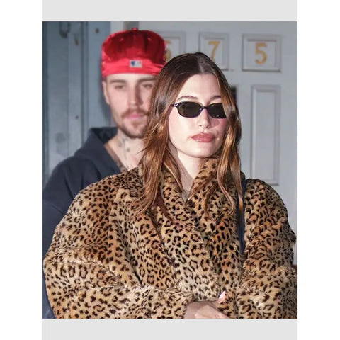Hailey Bieber Leopard Print Fur Coat