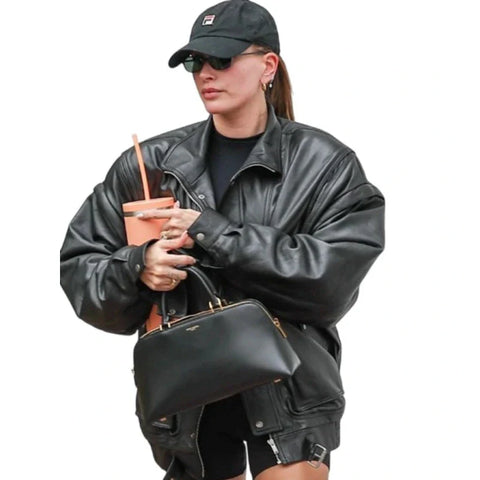 Hailey Bieber Oversized Black Leather Jacket