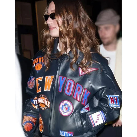 Hailey Bieber New York Knicks leather jacket