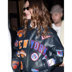 Hailey Bieber New York Knicks leather jacket