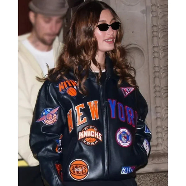 Hailey Bieber New York Knicks leather jacket