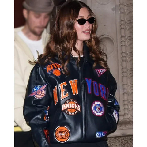 Hailey Bieber New York Knicks leather jacket