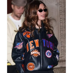 Hailey Bieber New York Knicks leather jacket