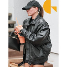 Hailey Bieber Oversized Black Leather Jacket