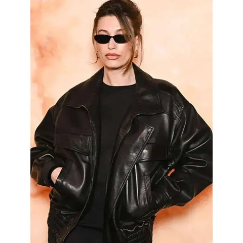 Hailey Bieber PFW 2025 Black Leather Jacket