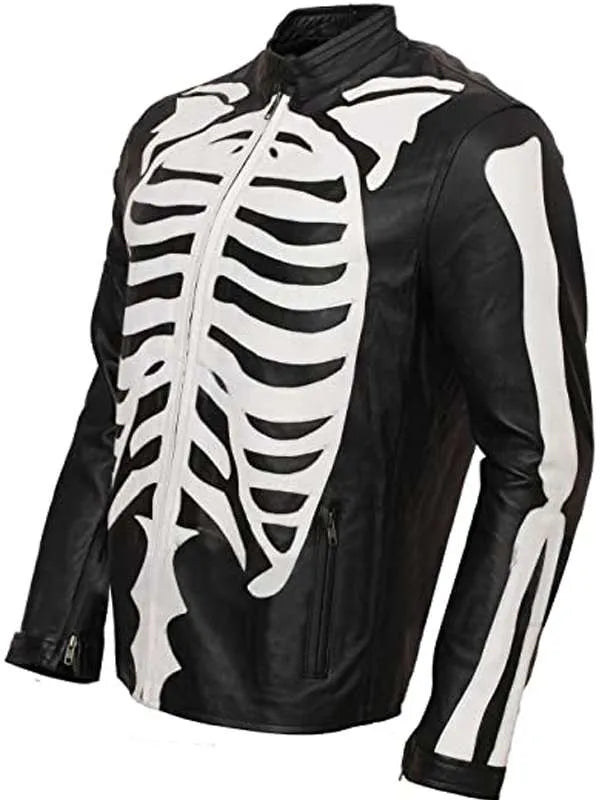 Halloween Party Skeleton Bones Black Leather Jacket