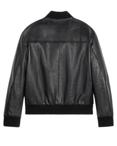 Harrison Genuine Leather Black Zip-Up Bomber Jacket