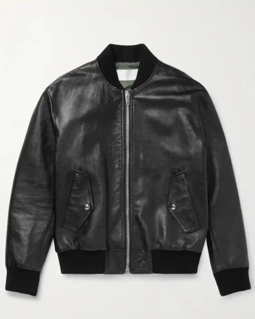 Harrison Genuine Leather Black Zip-Up Bomber Jacket