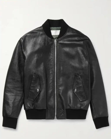 Harrison Genuine Leather Black Zip-Up Bomber Jacket