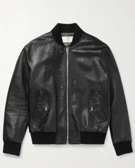 Harrison Genuine Leather Black Zip-Up Bomber Jacket