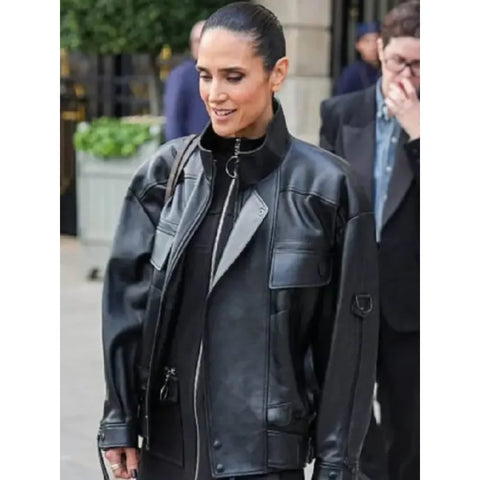 Jennifer Connelly PFW 2025 Black Leather Jacket