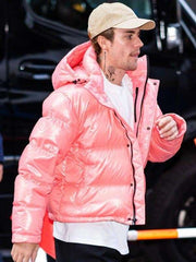 Singer Justin Bieber Pink Puffer Jacket