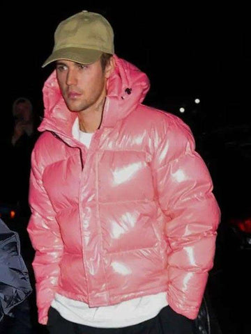Singer Justin Bieber Pink Puffer Jacket
