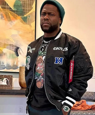 Kevin Hart Philadelphia Eagles Black Satin Bomber Jacket