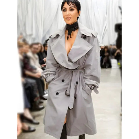Kim Kardashian PFW 2025 Grey Trench Coat