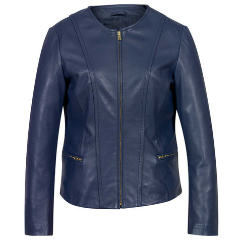 Women Biker Jacket Collarless, Midnight Blue