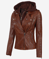 Women Leather Jacket With Hood Cognac