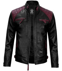 Rollins Men’s Maroon & Black Cafe Racer Leather Jacket
