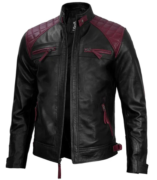 Rollins Men’s Maroon & Black Cafe Racer Leather Jacket