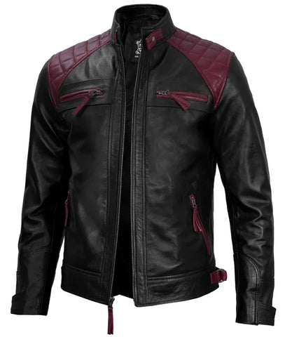 Rollins Men’s Maroon & Black Cafe Racer Leather Jacket