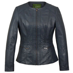 Collarless Leather Blazer Women Navy