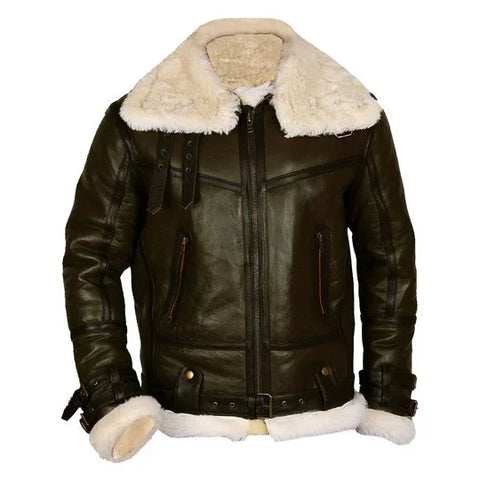 Men Army Green B3 Bomber Shearling Leather Jacket