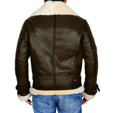 Men Army Green B3 Bomber Shearling Leather Jacket