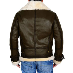 Men Army Green B3 Bomber Shearling Leather Jacket