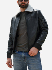 Steven Black Sheepskin Leather Bomber Jacket