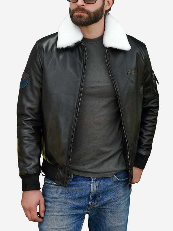 Steven Black Sheepskin Leather Bomber Jacket
