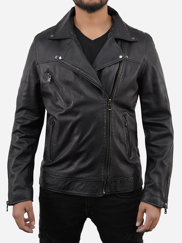 Marcus Black Sheepskin Real Leather Motorcycle Jacket