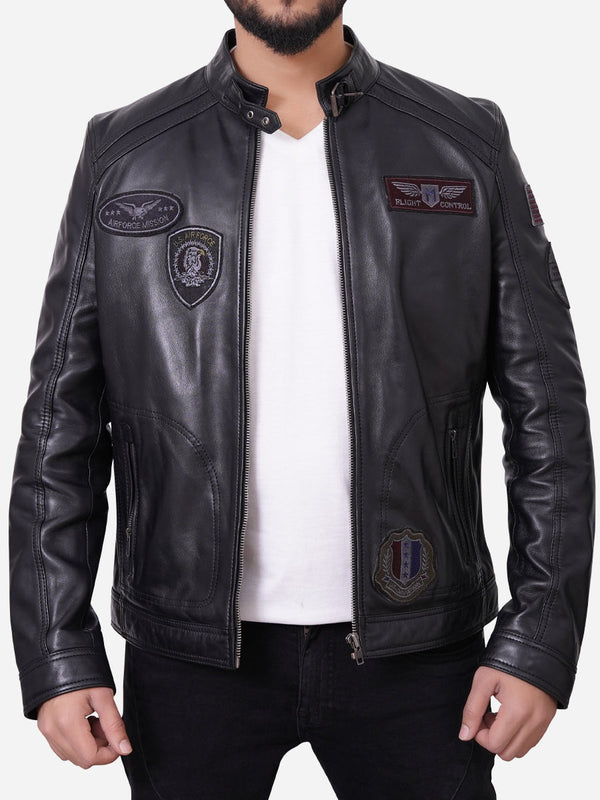 Chester Black Leather Jacket With Patches