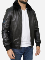 Men Black Shearling Collar Bomber Leather Jacket