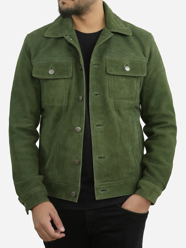 Nicholas Suede Green Trucker Leather Jacket