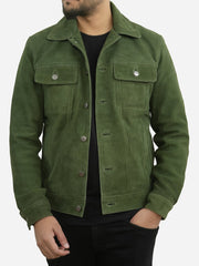Nicholas Suede Green Trucker Leather Jacket