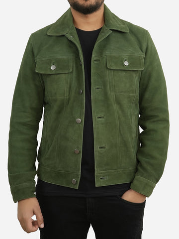 Nicholas Suede Green Trucker Leather Jacket
