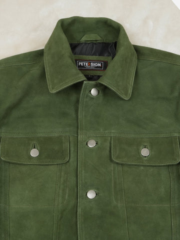 Nicholas Suede Green Trucker Leather Jacket