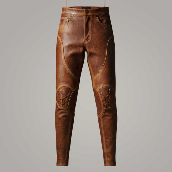 Men's Brown Sheepskin Leather Pants Vintage Biker Motorcycle Riding Trousers