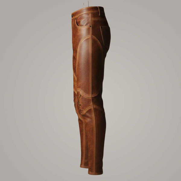 Men's Brown Sheepskin Leather Pants Vintage Biker Motorcycle Riding Trousers
