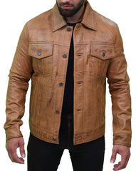 Men's Camel Brown Trucker Leather Jacket