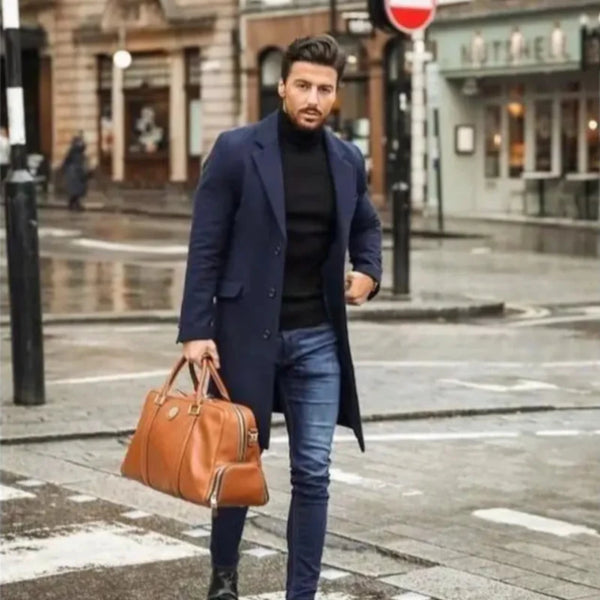 Men's Handmade Premium Navy Wool Trench Coat Winter Business Casual Wear