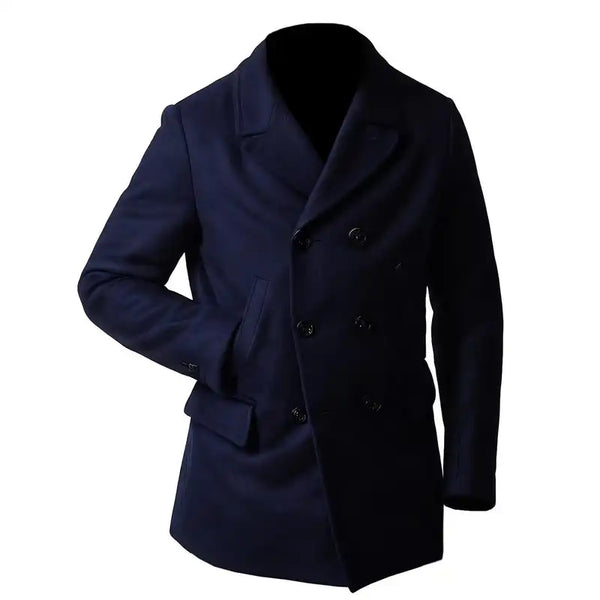 Men’s Navy Blue Double-Breasted Wool Peacoat – Premium Winter Coat