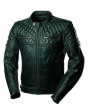 Mens Quilted Cafe Racer Biker Sheepskin Leather Jacket
