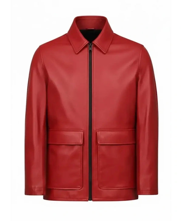 Mens Flap Pockets Red Leather Jacket