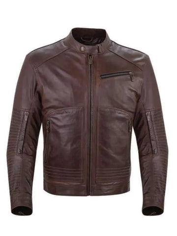 Men’s Snap Tab Brown Leather Biker Jacket