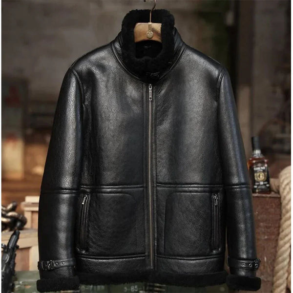 Mens Aviator Black Sheepskin Shearling B3 Bomber Jacket Coat