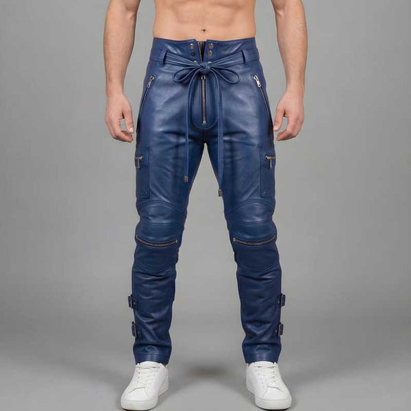 Men's Blue Cowhide Leather Cargo Pants Handmade Biker Gothic Style